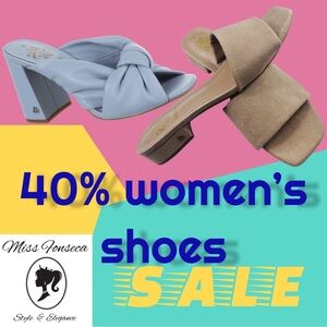 Blue and Tan Block Heel Mules